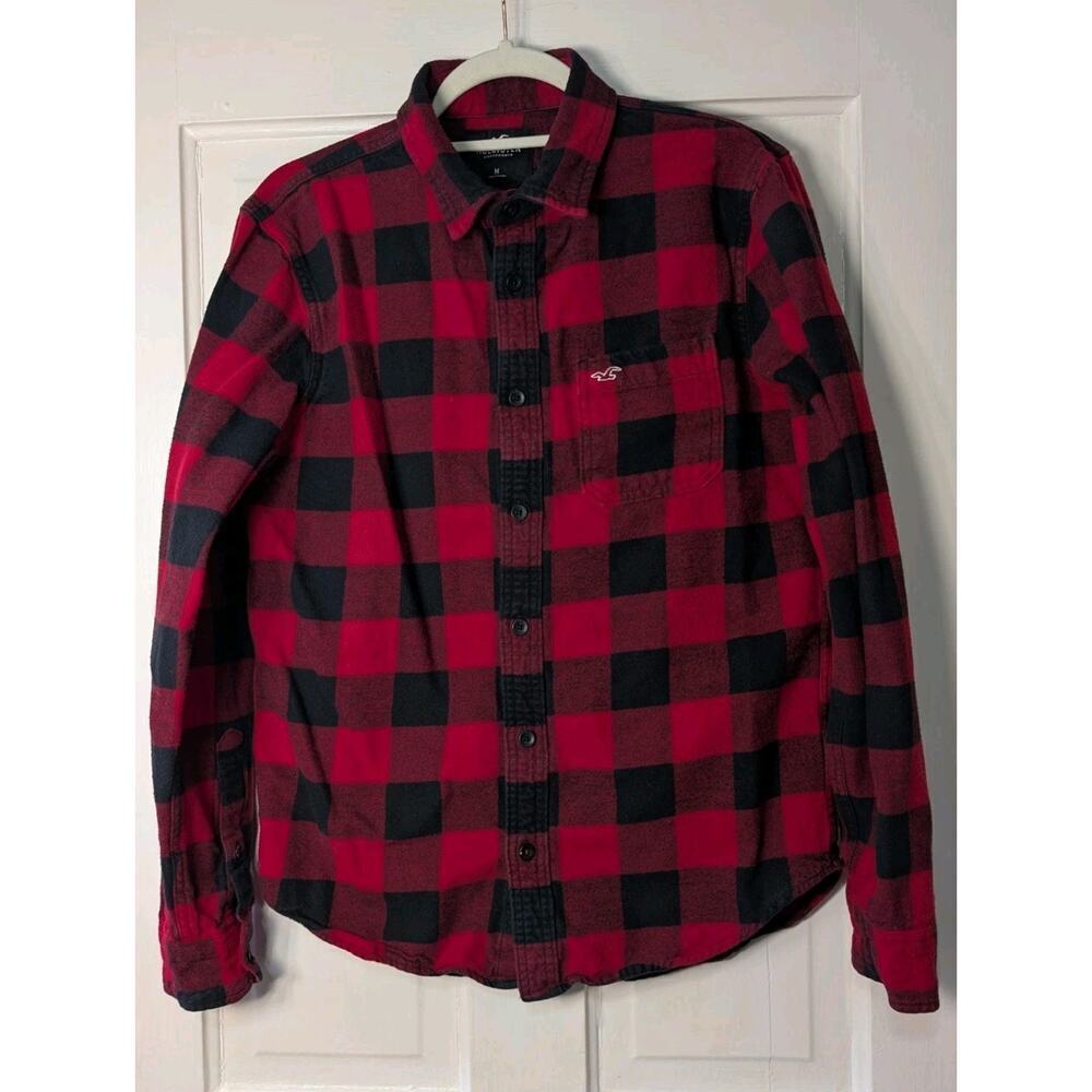 Hollister California Button Up Flannel Shirt Red Black Buffalo Plaid Mens M (801